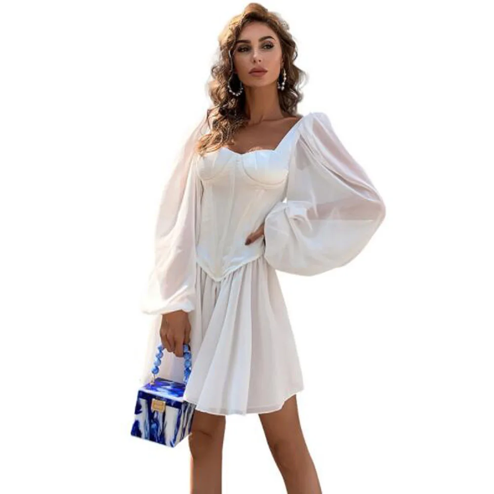 

Cultiseed Women Sexy Square Collar Strapless Shaped Waist Lantern Sleeve Chiffon Dresses Female New Holiday Casual Pleated Gowns