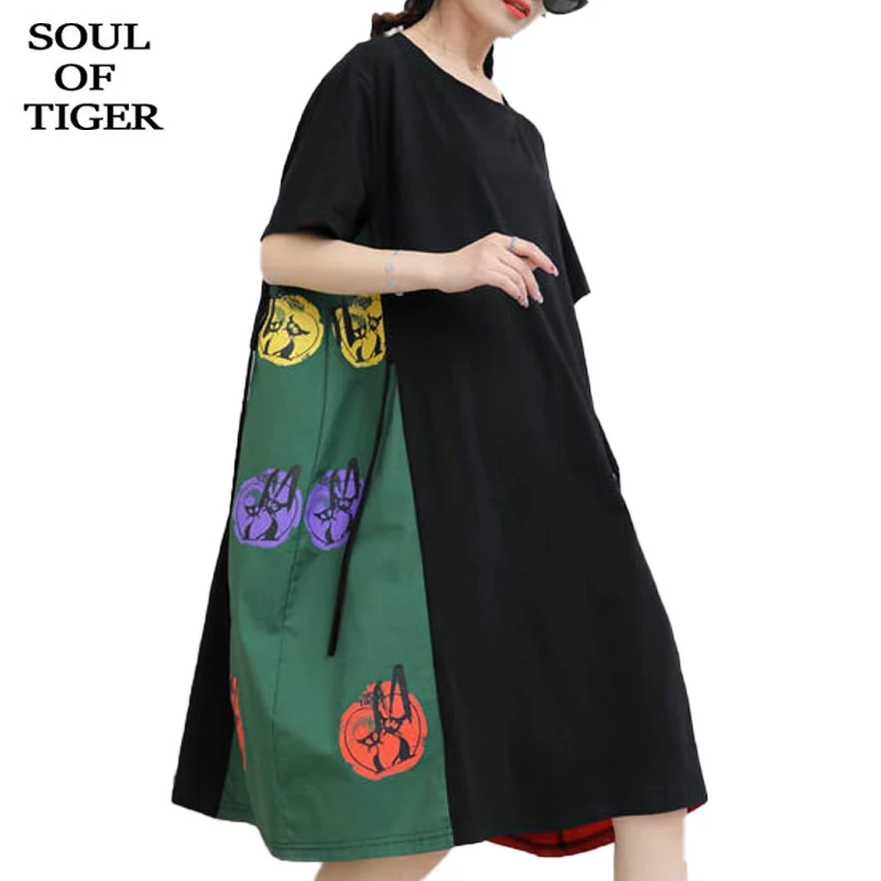 

SOUL OF TIGER Chinese New Designer Summer Clothing Womens Vintage Printed Dress Ladies Casual Black Dresses Oversized Streetwear