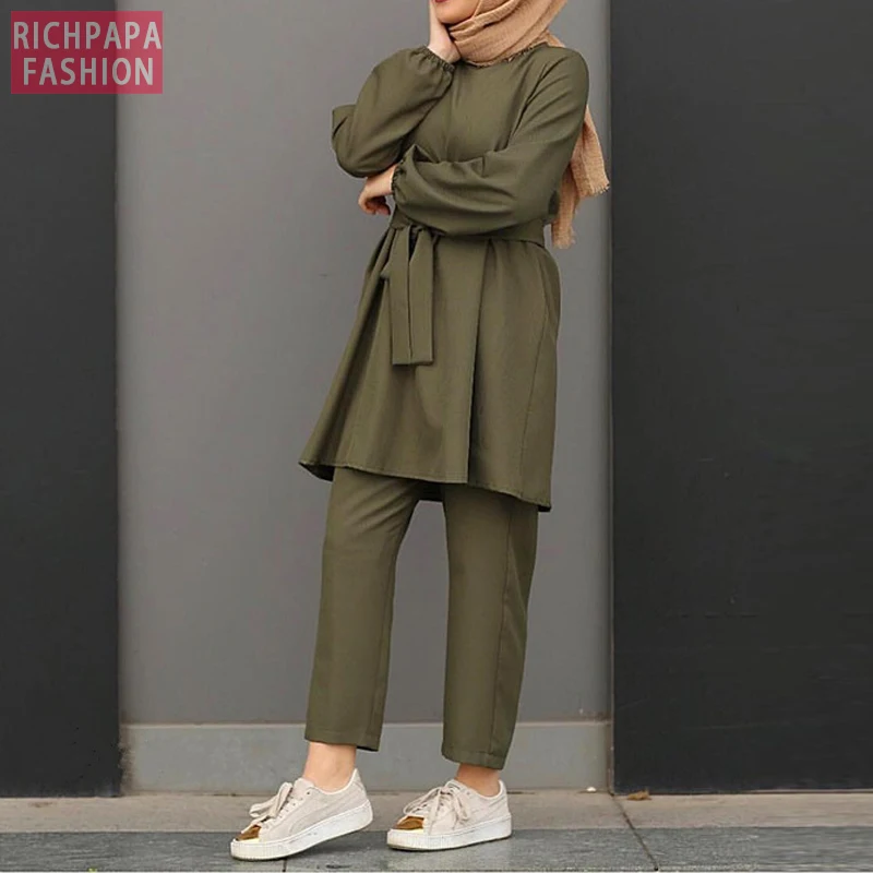 Мусульманская абайя из двух частей турецкие топы брюки свободный женский хиджаб