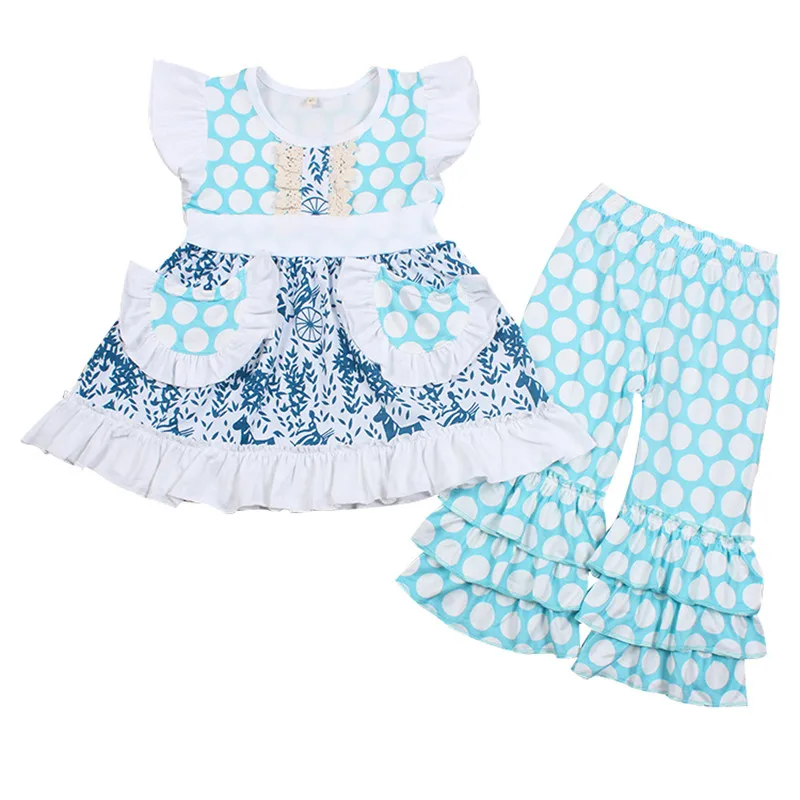 

New Arrival Baby Girls Clothing Fall Design Cute Blue Color Polka Dot Tunic Top With Capri Boutique Outfit for 0-16T Kids
