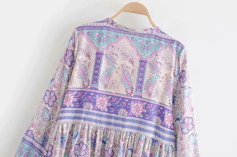 Винтажная шикарная женская фиолетовая рубашка в стиле бохо с цветочным принтом и