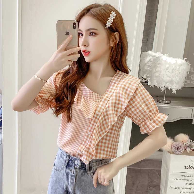 COIGARSAM Блузка с оборками женская новая летняя Клетчатая Свободная блуза