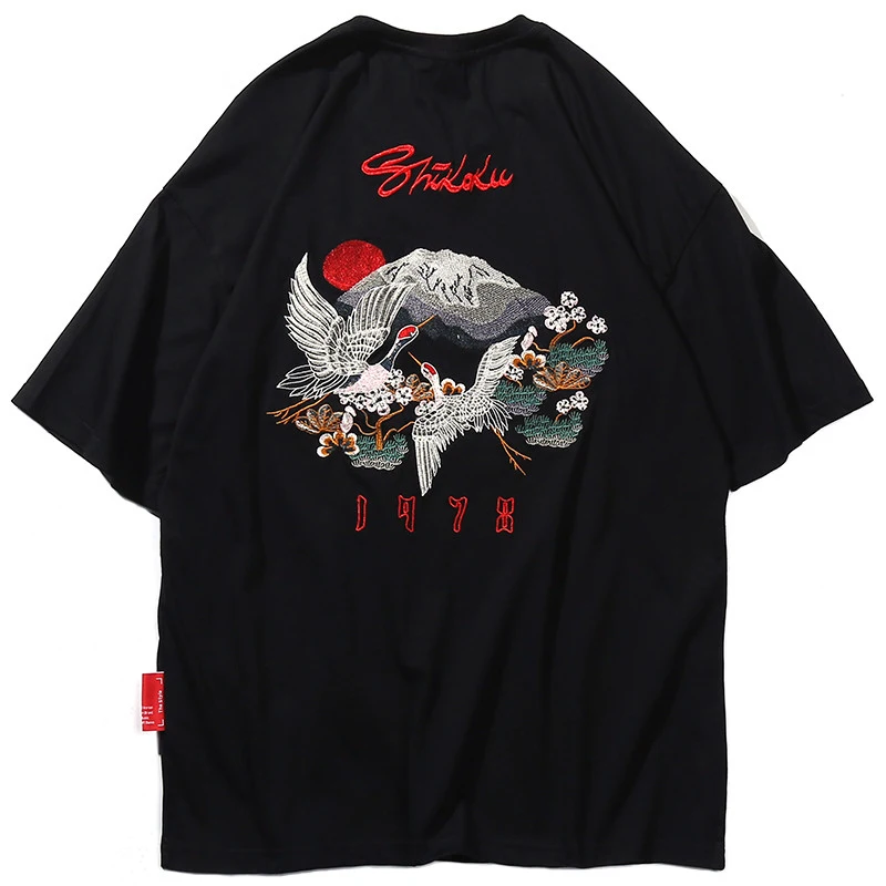 

Crane Embroidery T-Shirt Hip Hop Men T Shirt 2021 Harajuku Streetwear Japanese Style Fashion Kanji Tshirt Casual Tops Tees Black