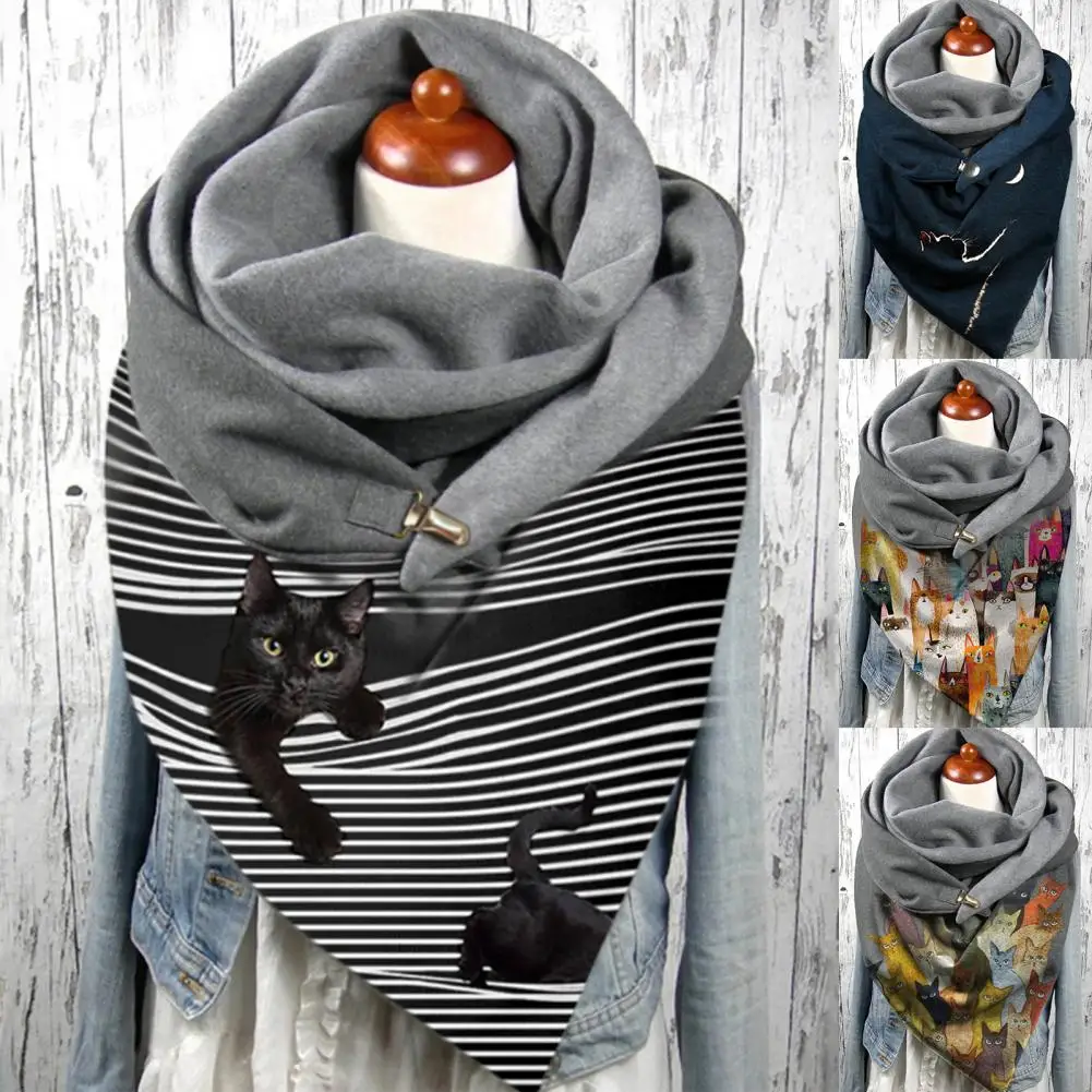

Stylish Women Winter Cats Print Button Scarf Soft Warm Neck Wrap Long Shawl