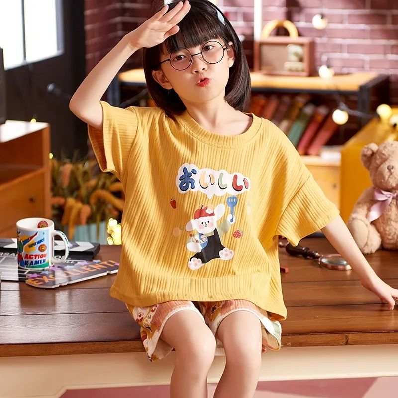 

Kids Baby Girls Summer Full Cotton Pajamas Sets Kawaii Color Cartoon Girls Sleepwear Casual Yellow Short Sleeve Baby Homewear