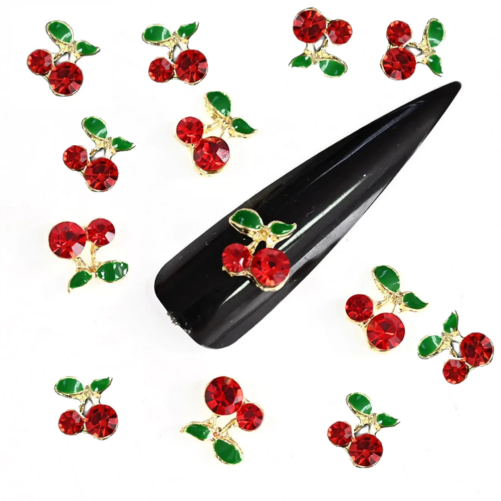 

20Pcs/lot Metal Red Cherry Nail Art Decoration 3D Alloy With Shiny Rhinestone Mini Charm DIY Gem Luxury Manicure Accessories #H7
