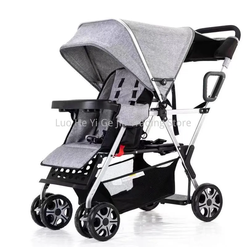 Double Children Carriage, Convenience 2 Kids Sit/Stand Stroller, Fold Tandem Pram