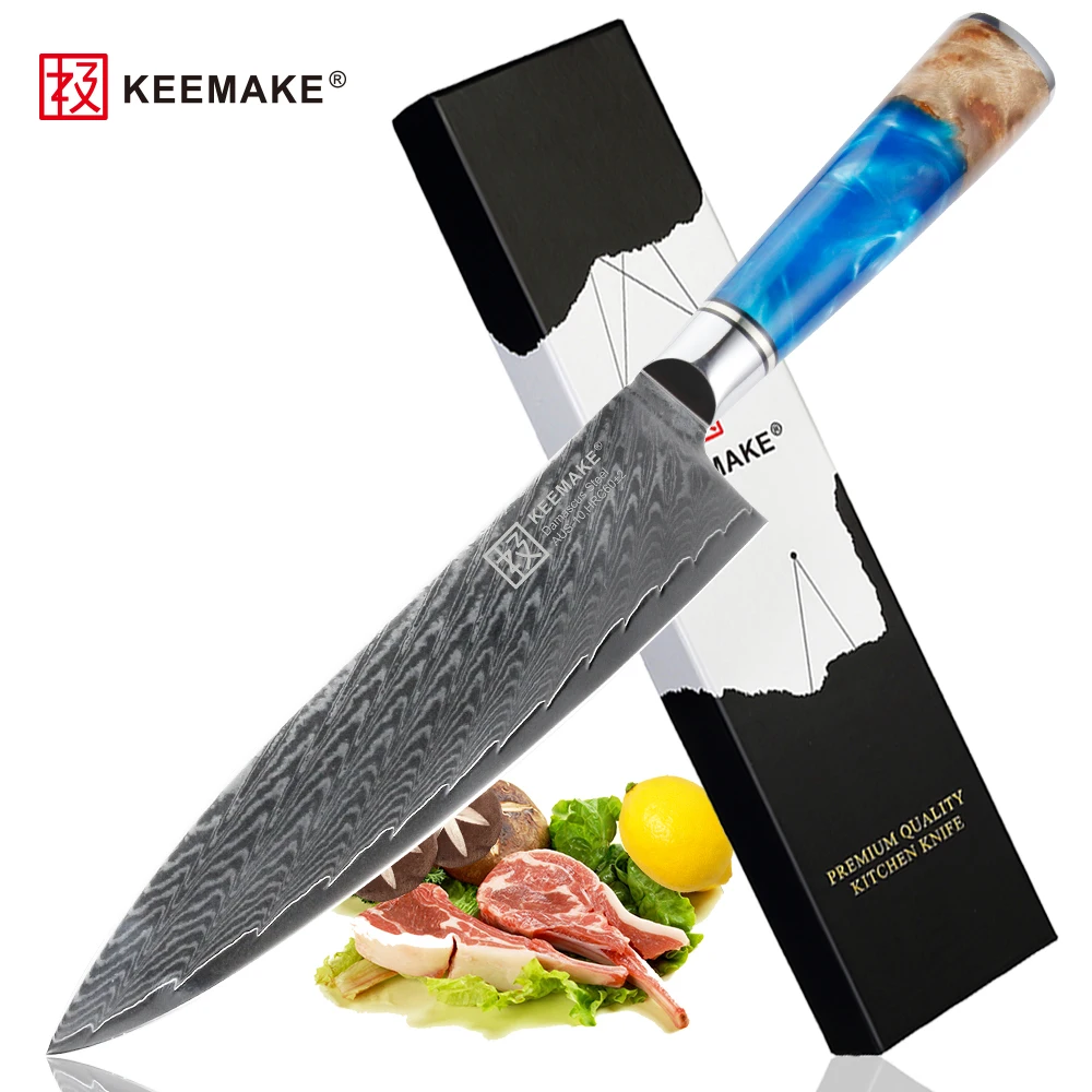 

Keemake 8 "дамасской стали нож для шеф-повара нож AUS-10 стальной сердечник лезвие бритвы острый Цвет каучуковая рукоятка шеф-повара кухонные ножи ...