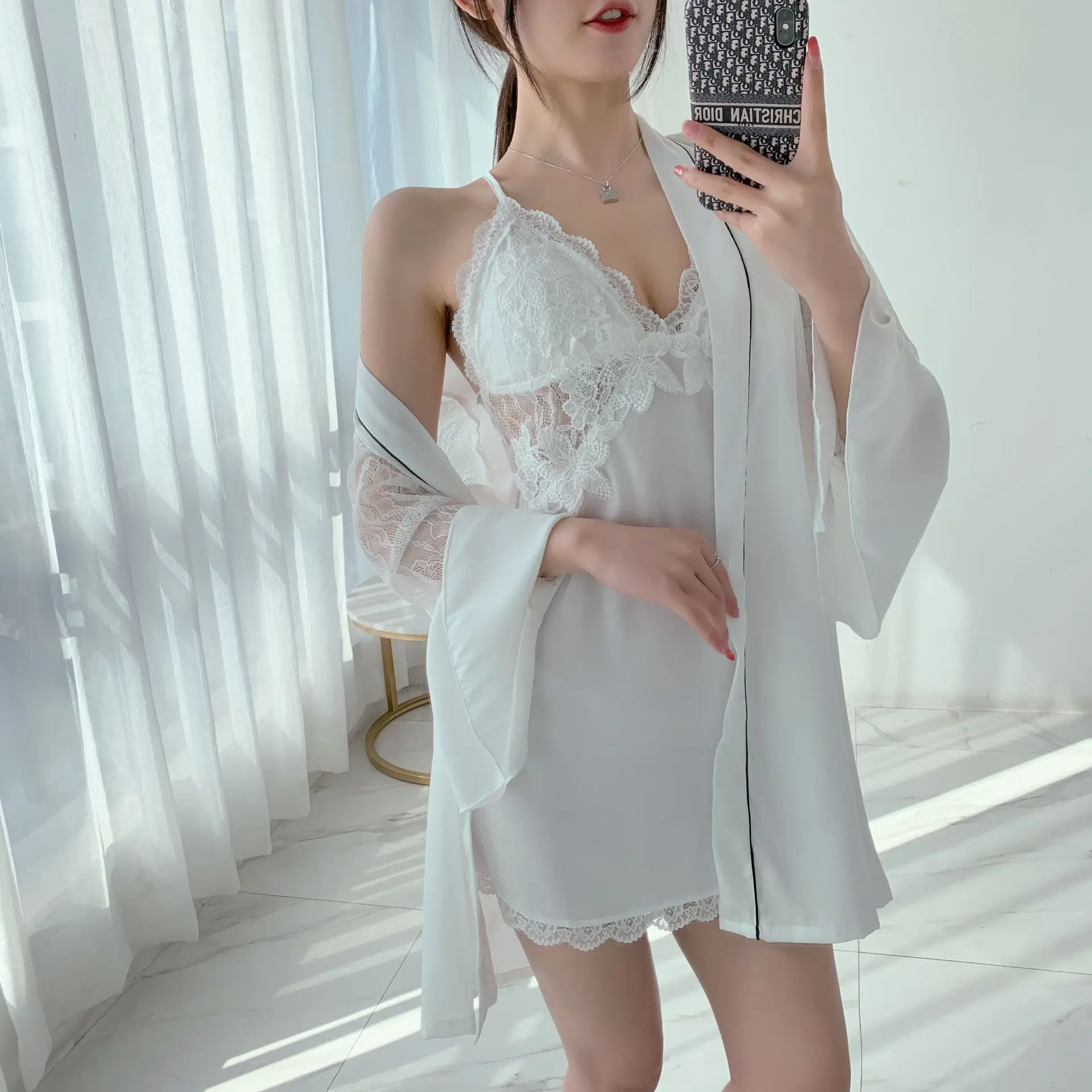 

Black Homewear Kimono Robe Set Sexy Women Nightwear Satin Intimate Lingerie Casual Lace Bathrobe Gown Summer New Nightgown