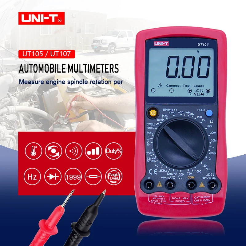 

UNI-T UT105 UT107 Automobile Digital Multimeter;AC DC voltage DC current meter;Ohm Frequency Temp tester;Engine speed Measure