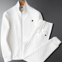 2021 trend suit light luxury fugli collar white leisure sports suit mens slim fit spring and autumn knitted fitness two piece