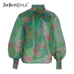 Женская рубашка с воротником-стойкой TWOTWINSTYLE, белая блузка с длинными рукавами-фонариками и богемным принтом, 2021