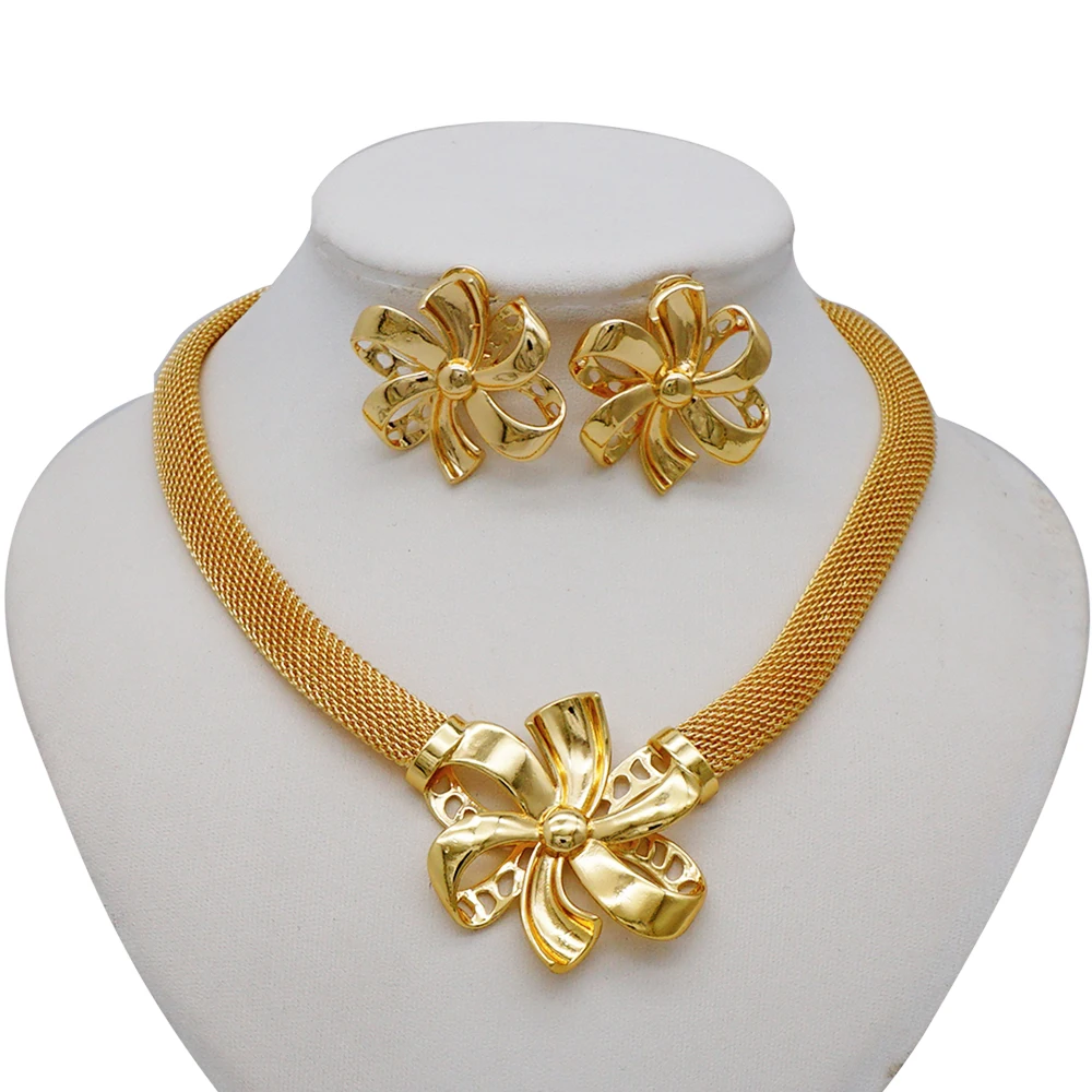 

High Quality Dubai Gold Color Jewelry Set For Women African Beads Jewlery Fashion Necklace Set Earring Jewellery