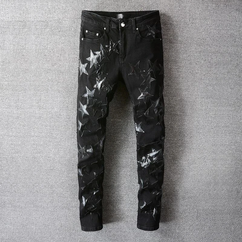 

European Jeans Male Black Leather Star Patchwork Jeans Hole Repair High Street Jean Homme Ripped Jean Men Motorcycle Pant