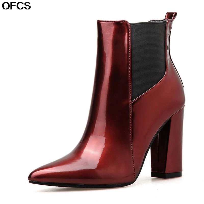 Ботильоны на высоком толстом каблуке Женские ботинки из лакированной кожи с
