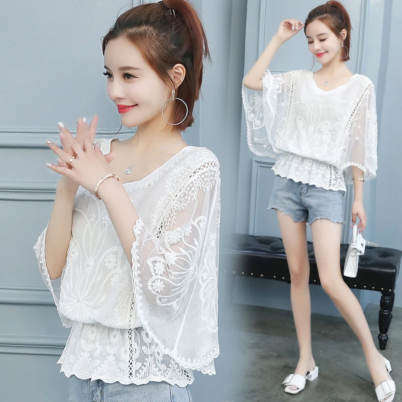 

elegant female office shirt sexy hollow out stitching lace top 2021 new korean fashion women blouse Three Quarter blouse 4478 50