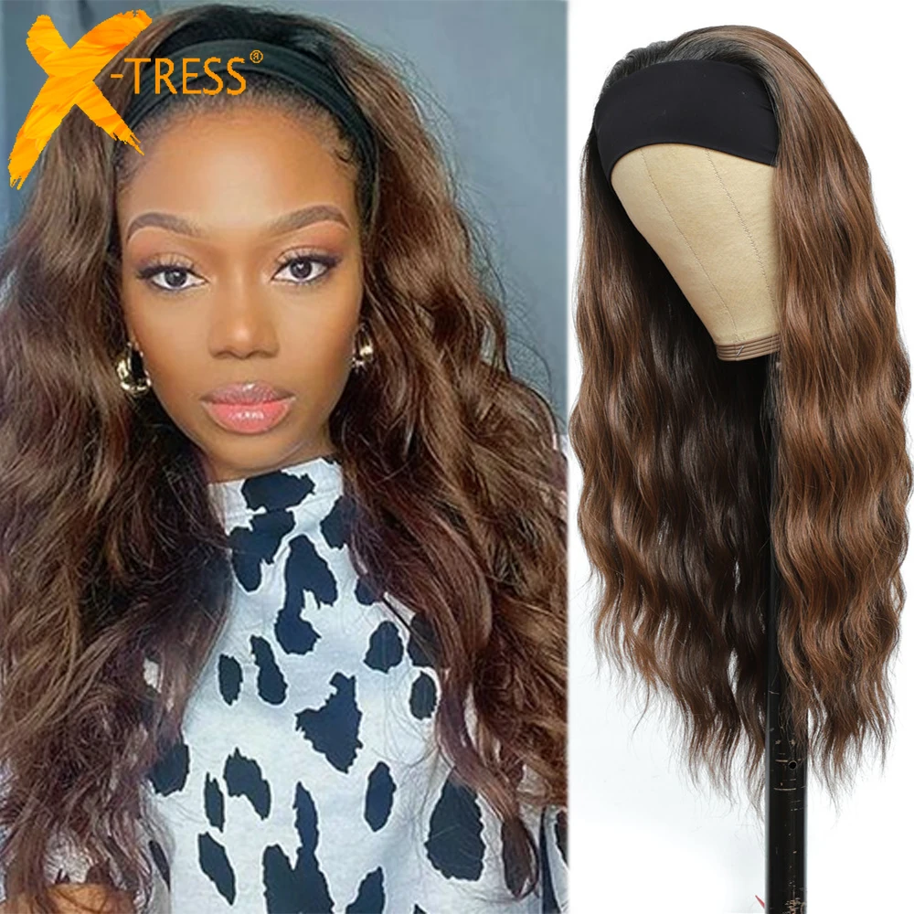 X-TRESS Long Natural Wave Synthetic Headband Wig For Black Women Brown Red Color Glueless Scarf Headwraps Wig Beginner Friendly