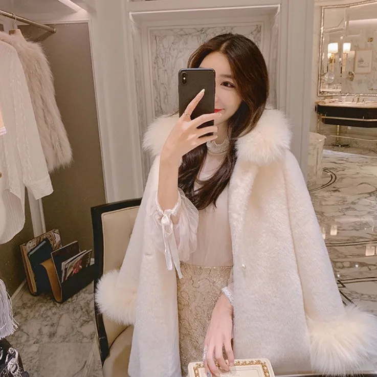 

Elegant Imitation Mink Fur Coat Women's Autumn Winter Ladies Fur Collar Thick Woolen Coat Cardigan Mid-length Fur Trim Cape 2020