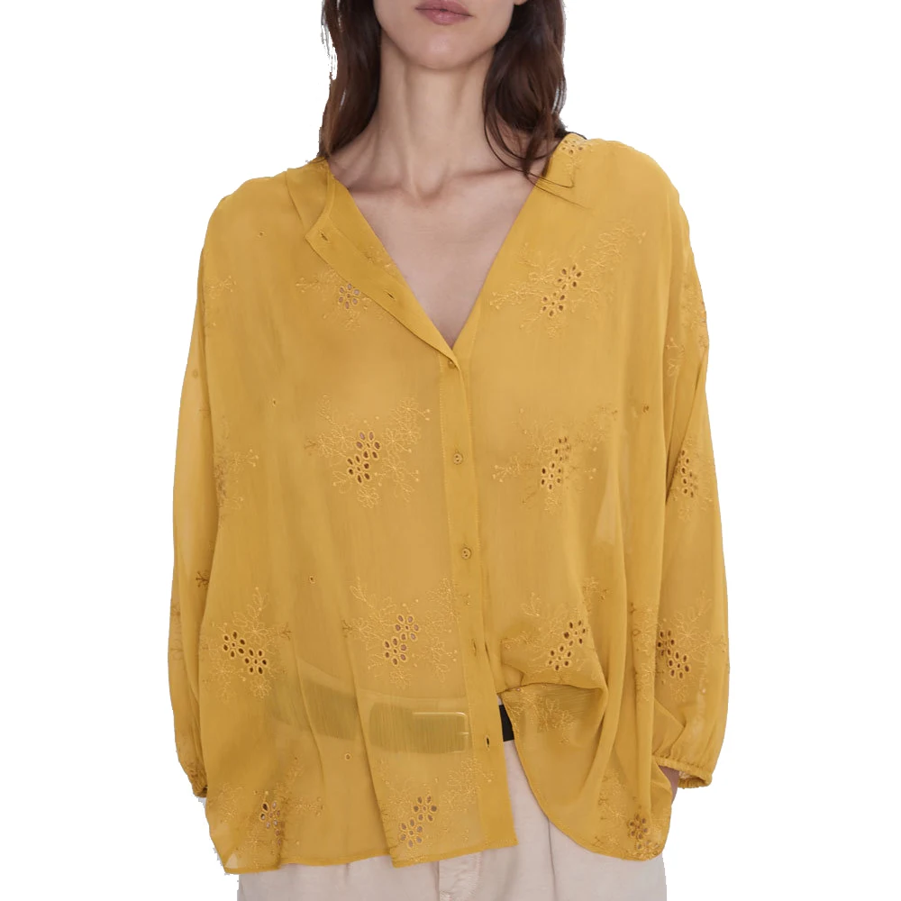 2019 za actumn Женская модная кружевная блузка с вышивкой гофрированая рубашка круглым