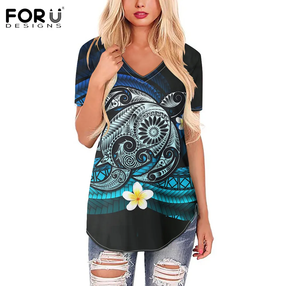 

FORUDESIGNS/Роскошные брендовые эластичные футболки для девочек Плюмерия; Цветочный узор; Сексуальный v-образный вырез удобные футболки Femme модн...