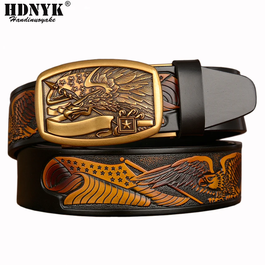 High Quality Real Cow Leather Mens Belt Genuine Luxury Brand Fly Eagle Designer Leather Strap Fashion Automatic Buckle Belt