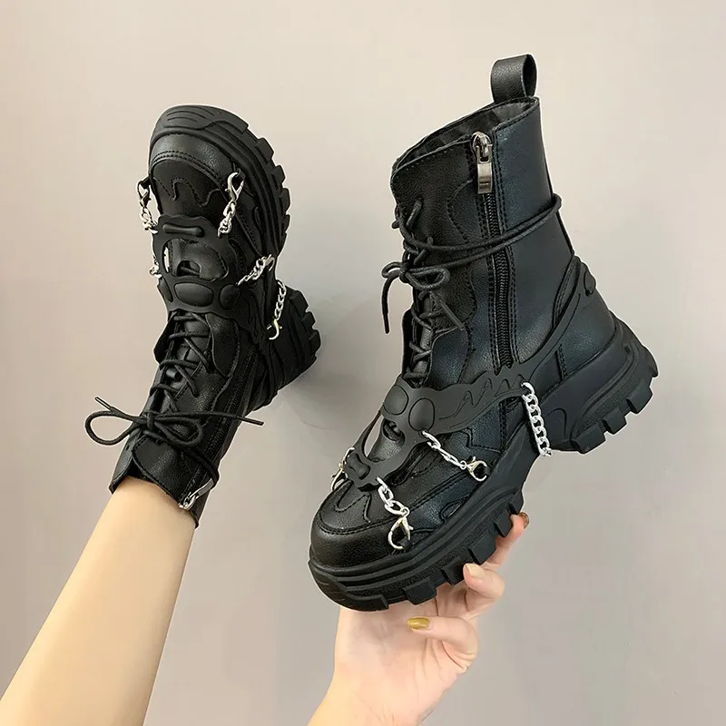 

New 2021 Leather Womens Ladies Ankle Boots Mid Heel Lace Up Worker Army Black Goth Shoes Autumn Sexy Chain High Quality P416