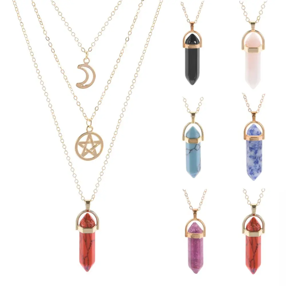 

Fashion Women Moon Girls Star Pendant Chain Necklace Layered Choker Necklaces Hexagon Healing Crystal Necklace