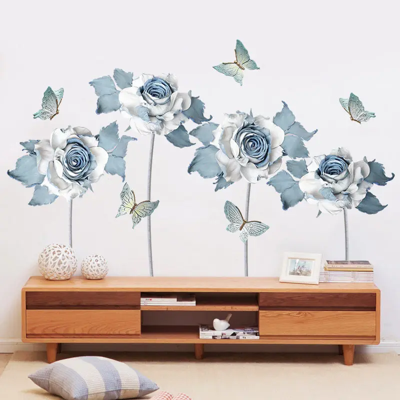 

Creative Blue Art Flower Butterfly Wall Sticker for Living Room Bedroom Home Decoration Removable DIY Vinyl Mural Wallpaper