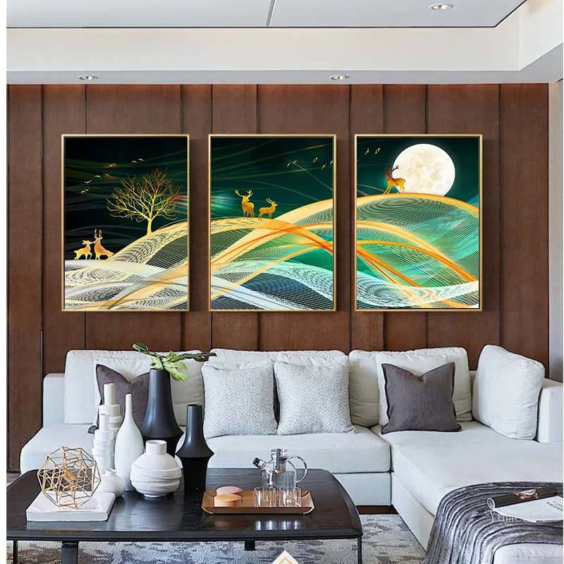 Nordic Стиль задний фон луна ночь олень плакат золотой ткани Wall Art холст картины