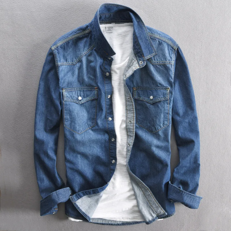 

Рубашка мужская приталенная джинсовая, 100% хлопок, с длинным рукавом, вареная, Повседневная Уличная ковбойская кофта, весна-осень