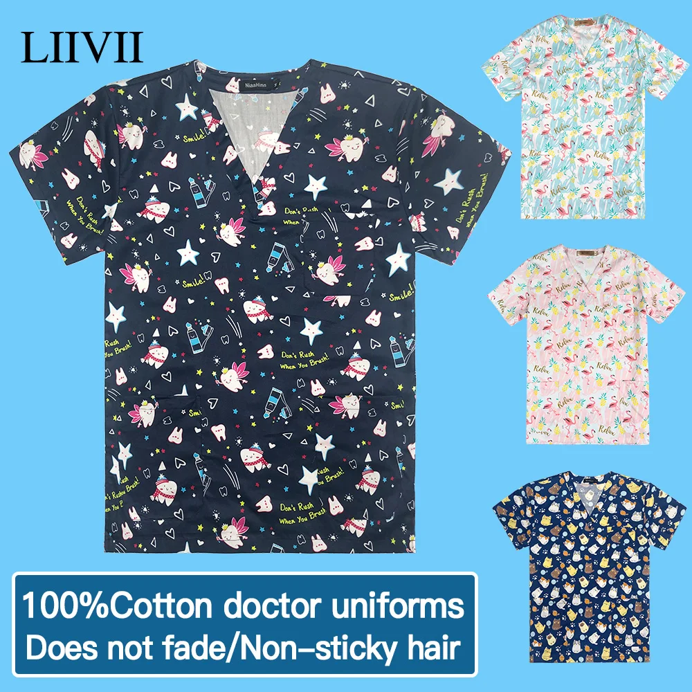 

100%Cotoon Pet Grooming Doctor Service Tops Animal Printed Workwear Short Sleeve V-neck Nurse Uniform Dental Clinic Working Tops
