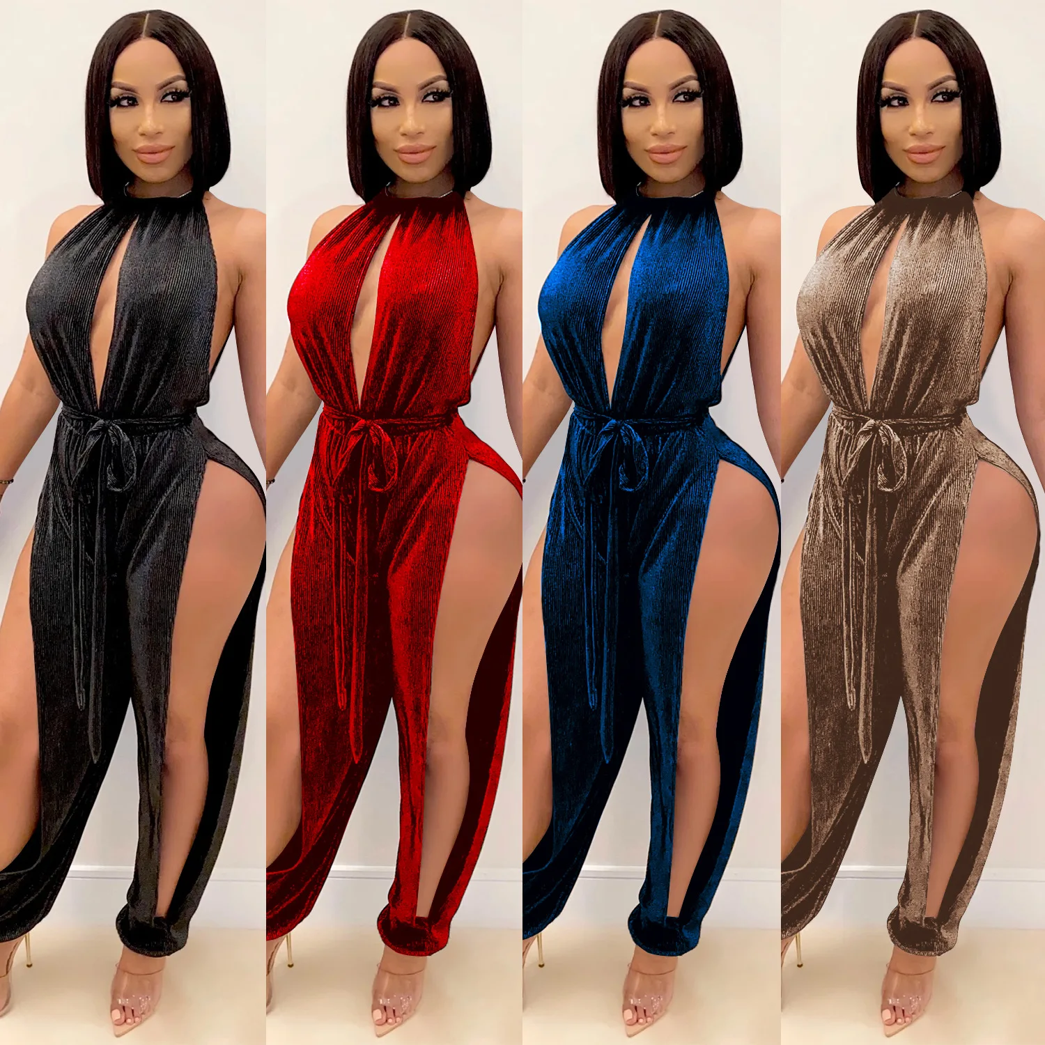 New Fashion Sexy Bandage Elastic Split Women's Jumpsuit