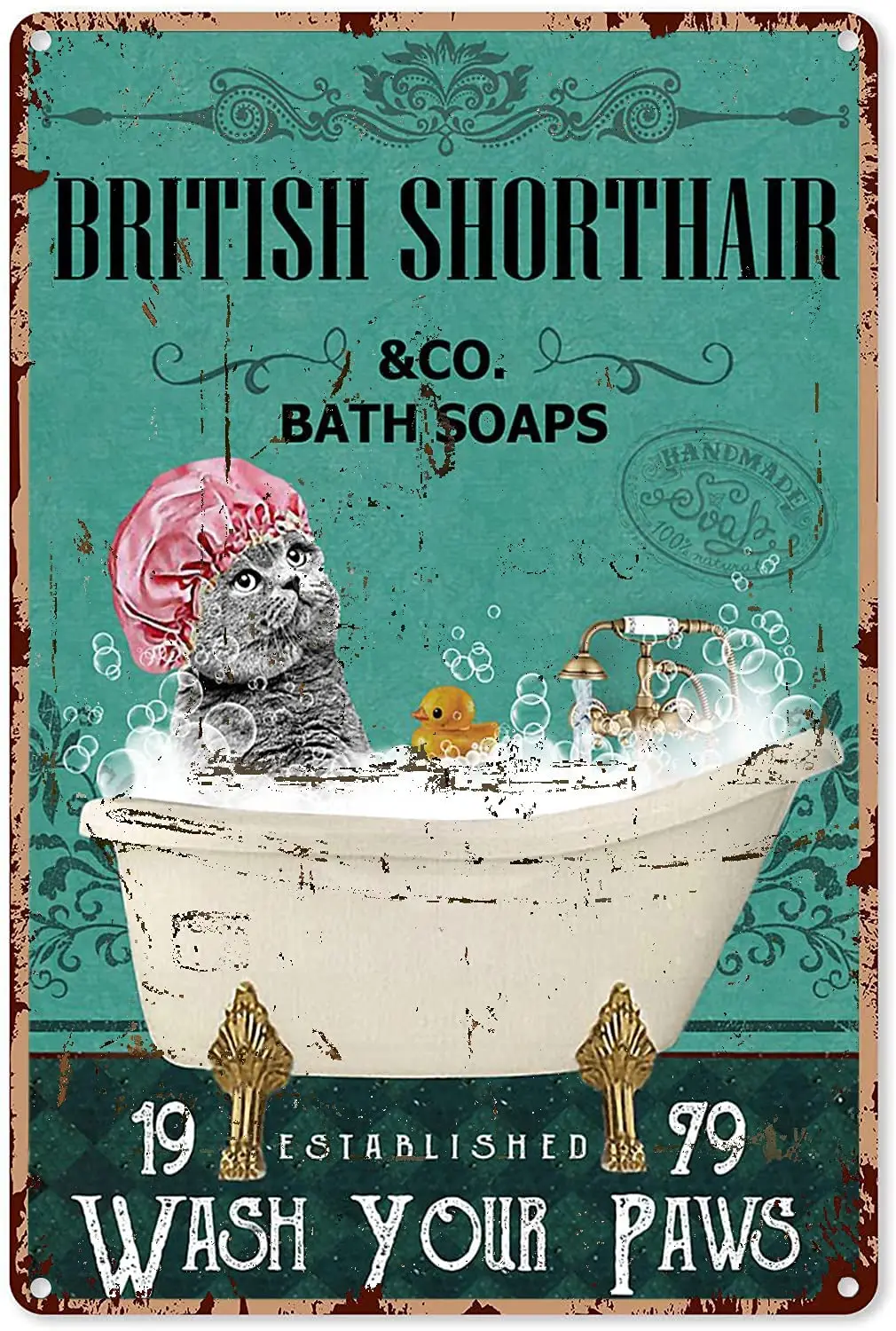 

Bathroom Wall Art Decor Cat Green Bath Soap British Shorthair Wash Your Paws Metal Sign Decor Tin Aluminum Sign Wall Art Metal