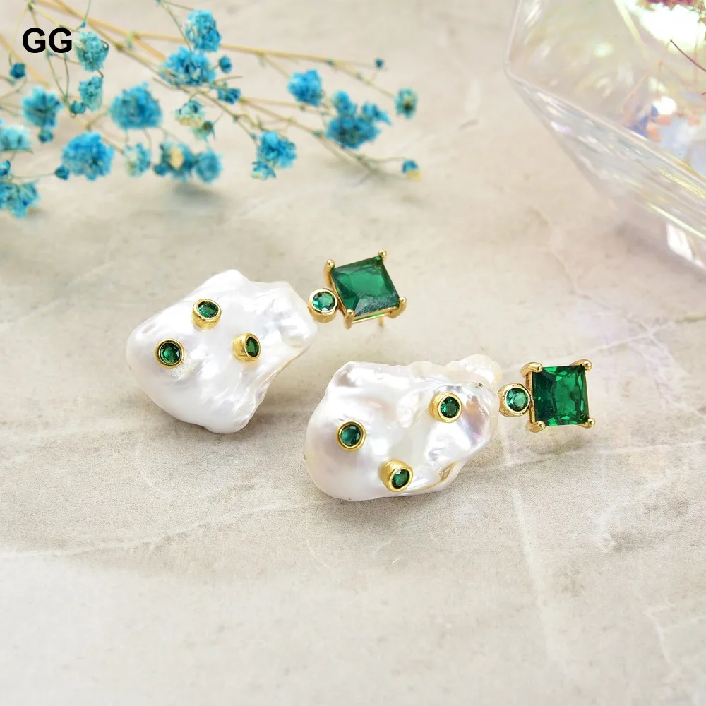 GG ювелирные изделия искусственный белый барочный жемчуг зеленый Cz Стразы серьги