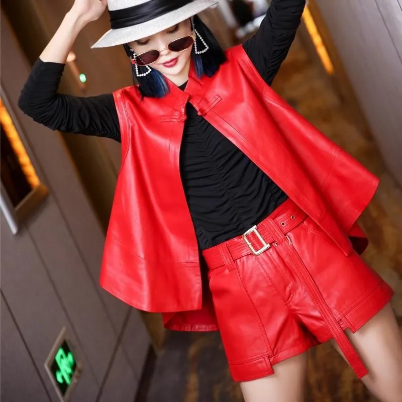 

Womens Korean Style New Short Genuine Leather Fashion Vest Jacket O-Neck Office Lady High Quality Sheepskin Elegant Vest