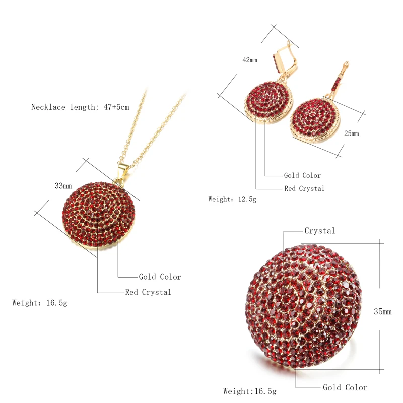 Kinel Chic Morocco Wedding Jewelry Set Fashion Gold Color Red Crystal Drop Earring Pendant Necklace Big Ring For Women 2021 New