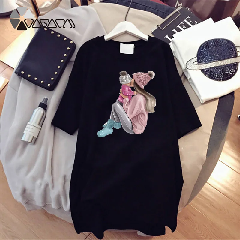 

Korean Loose Short Tshirt Dress 2021 Mom&baby Print Plus Size Dresses Short Sleeve Harajuku Women Summer Girls Casual Streetwea