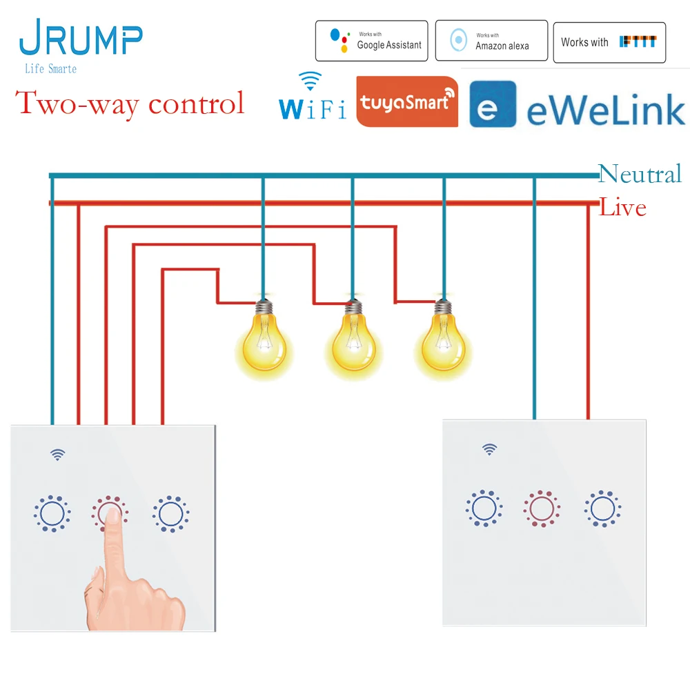 

Умный выключатель JRUMP EU/UK с двойным управлением, сенсорный выключатель, управление одной лампой одновременно, работает с Alexa Google Home