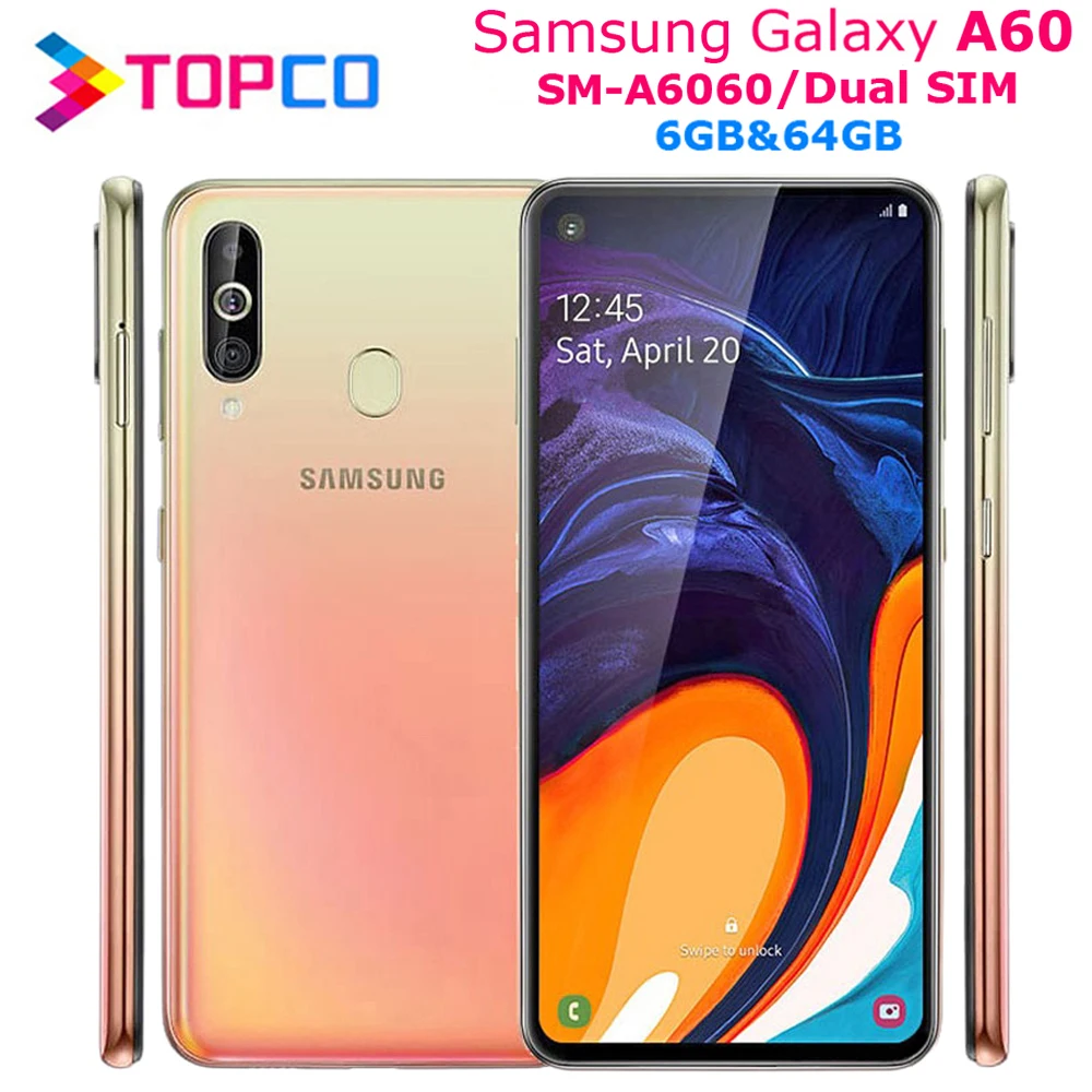 Мобильный телефон samsung Galaxy A60 A6060 Android, две sim-карты, четыре ядра, Snapdragon675, 6,3 дюймов, 6 ГБ ram, 64 ГБ rom, 3 тыловые камеры NFC