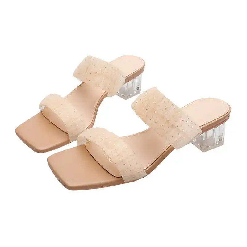 

South Korean fairy style one line sandals 2021 summer new style square heel sandals square head crystal heel sandals