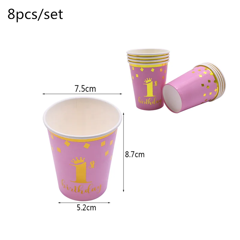 pinkB03 1st Birthday Party Supplies Pink Blue Paper Plates Cups Straws Disposable Tableware Banner Gender Reveal Baby Shower Party Decor - Цвет: pinkB03
