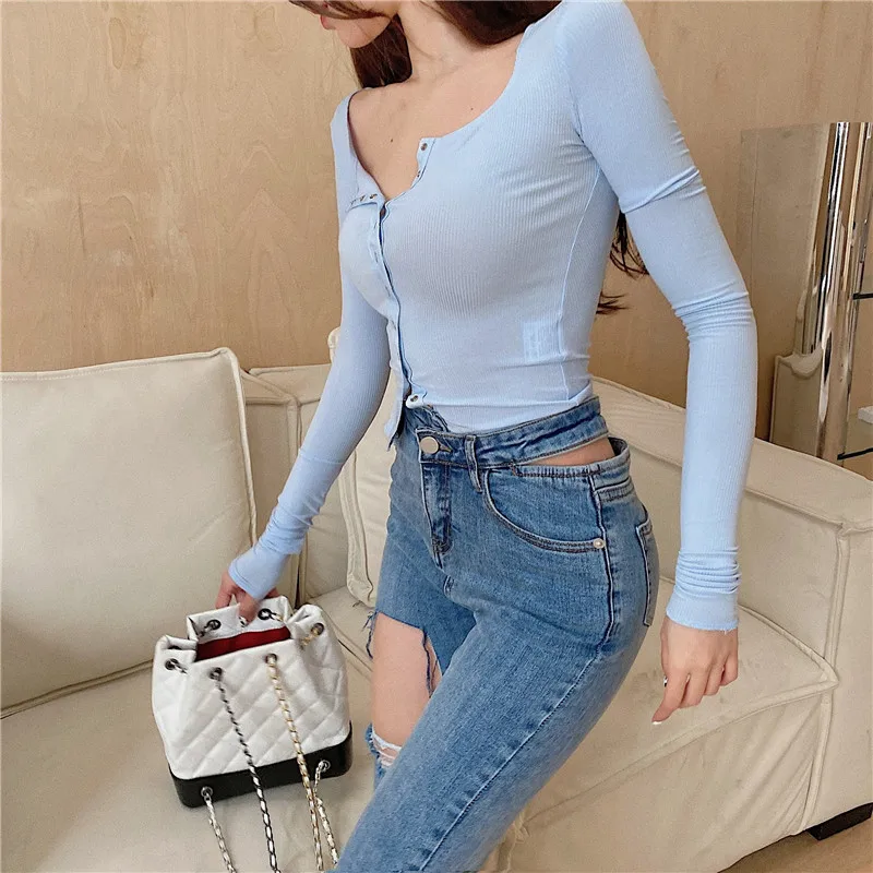 

Облегающая рубашка с V-образным вырезом, Женская Весенняя внутренняя одежда, Корейская тонкая футболка с длинным рукавом, приталенный силуэ...