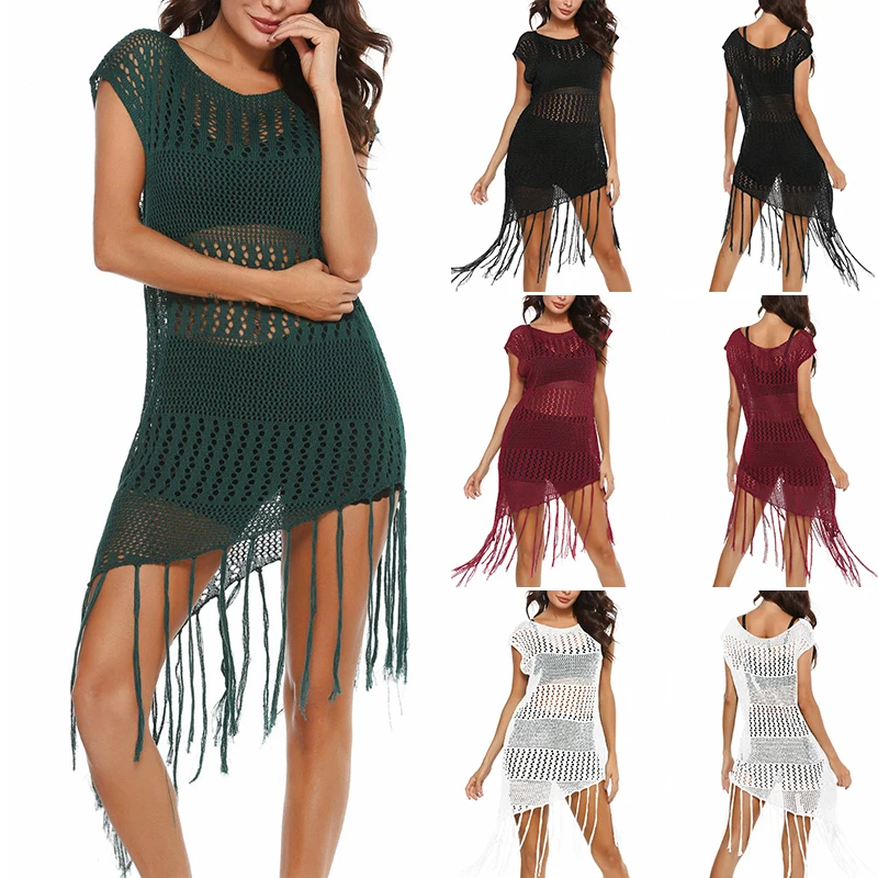 Новые женские пляжные платья с длинными кисточками ажурная туника купальный
