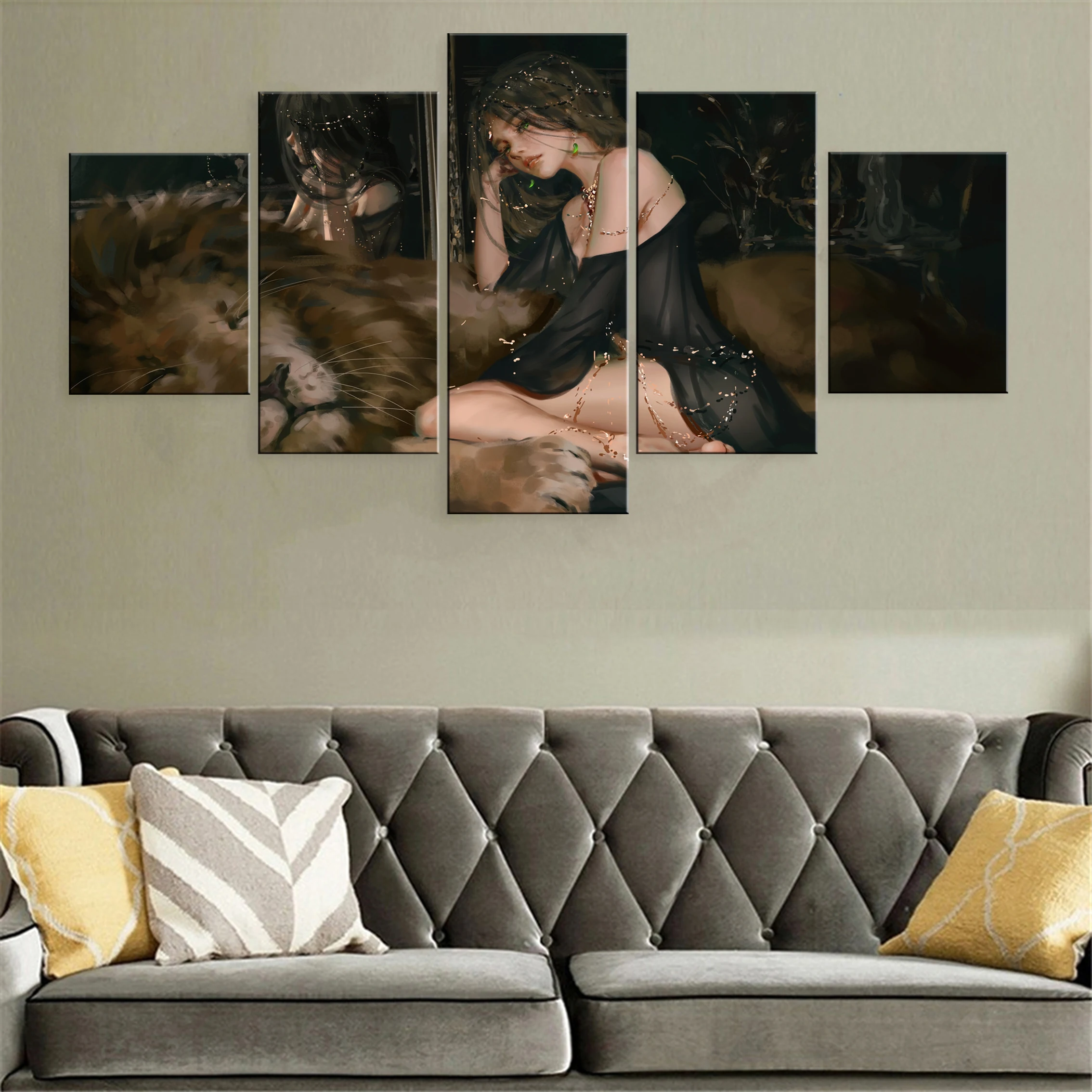

Anime Girl With Lion 5 Piece Canvas Painting Poster Beauty HD Framework Wall Artwork Modern Modular Decoration Picture Printed