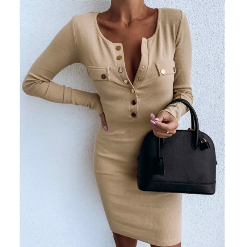 

Women Autumn Bodycon Buttoned Dress Long Sleeve Round Neck Streetwear Casual Club Females Fashion Top 2019 New