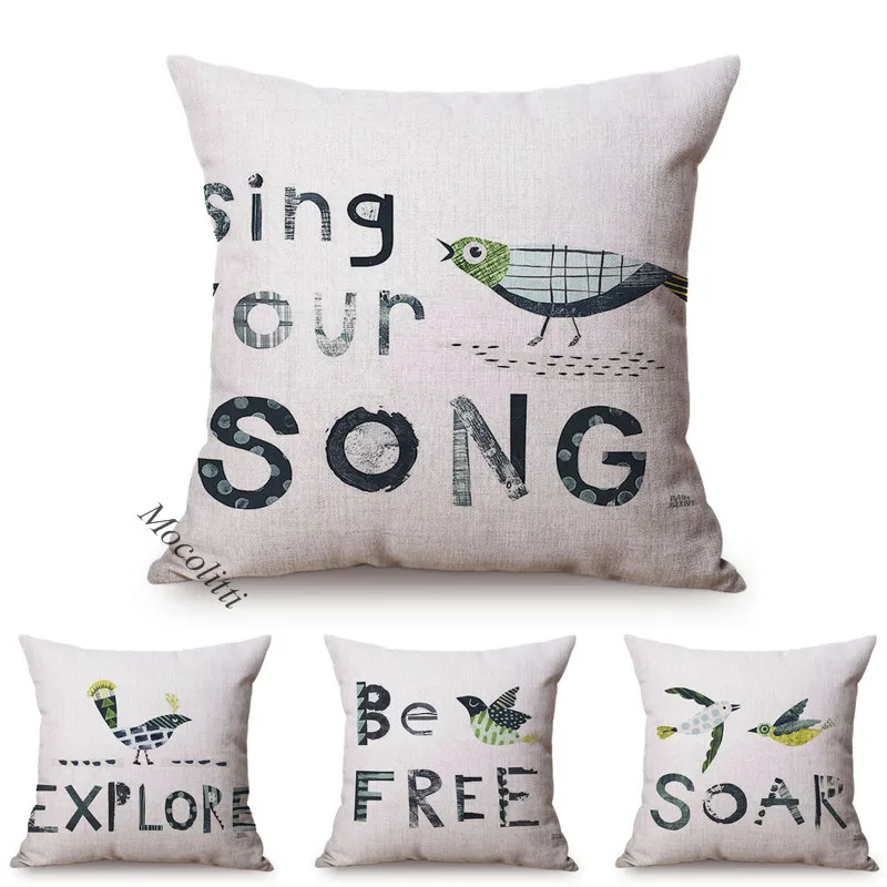 

Nordic Small Fresh Home Decoration Cushion Cover Bird Letter Pattern Cotton Linen Room Bedroom Sofa Throw Pillow Case Kussenhoes