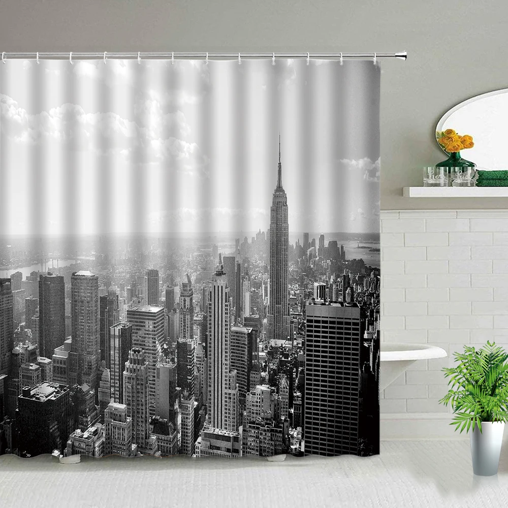 

Black White City Building Landscape Shower Curtain Modern European Style Scenery Bathroom Curtains Waterproof Fabric With Hooks