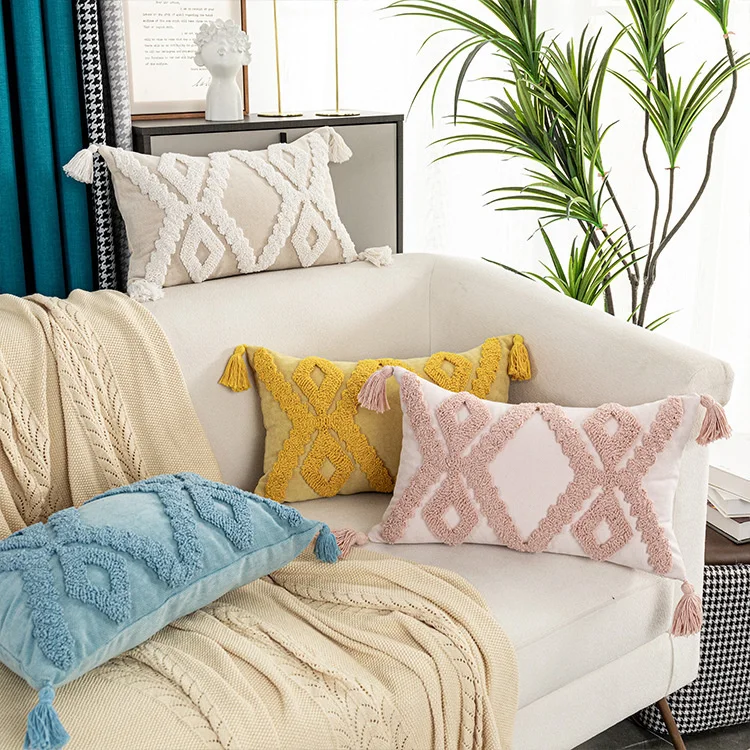 

Plaid Tufted Embroidery Throw Cushion Cover Sofa Cotton Canvas With Tassel Pillowcover Living Room Decoration Pillowcase 40742