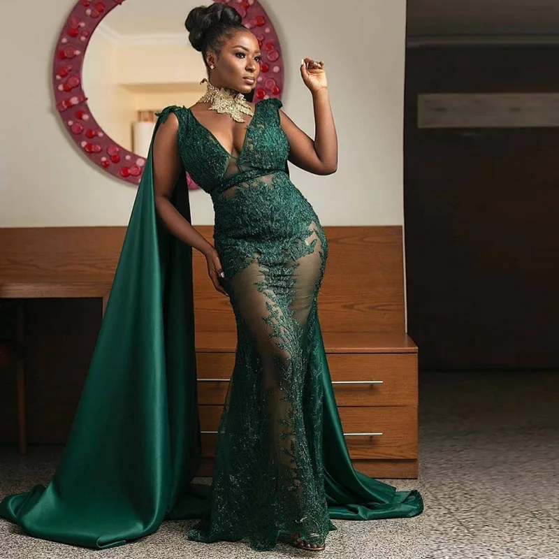 

Dark Green Evening Dresses Mermaid Lace Appliqued Deep V Neck Long Prom Gowns Robe De Soirée African Party Wear