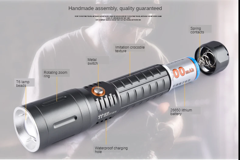 

T6 Lamp Beads Powerful Waterproof Mechanical Rotating Zoom 3-speed Mode Flashlight 18650 Large Capacity